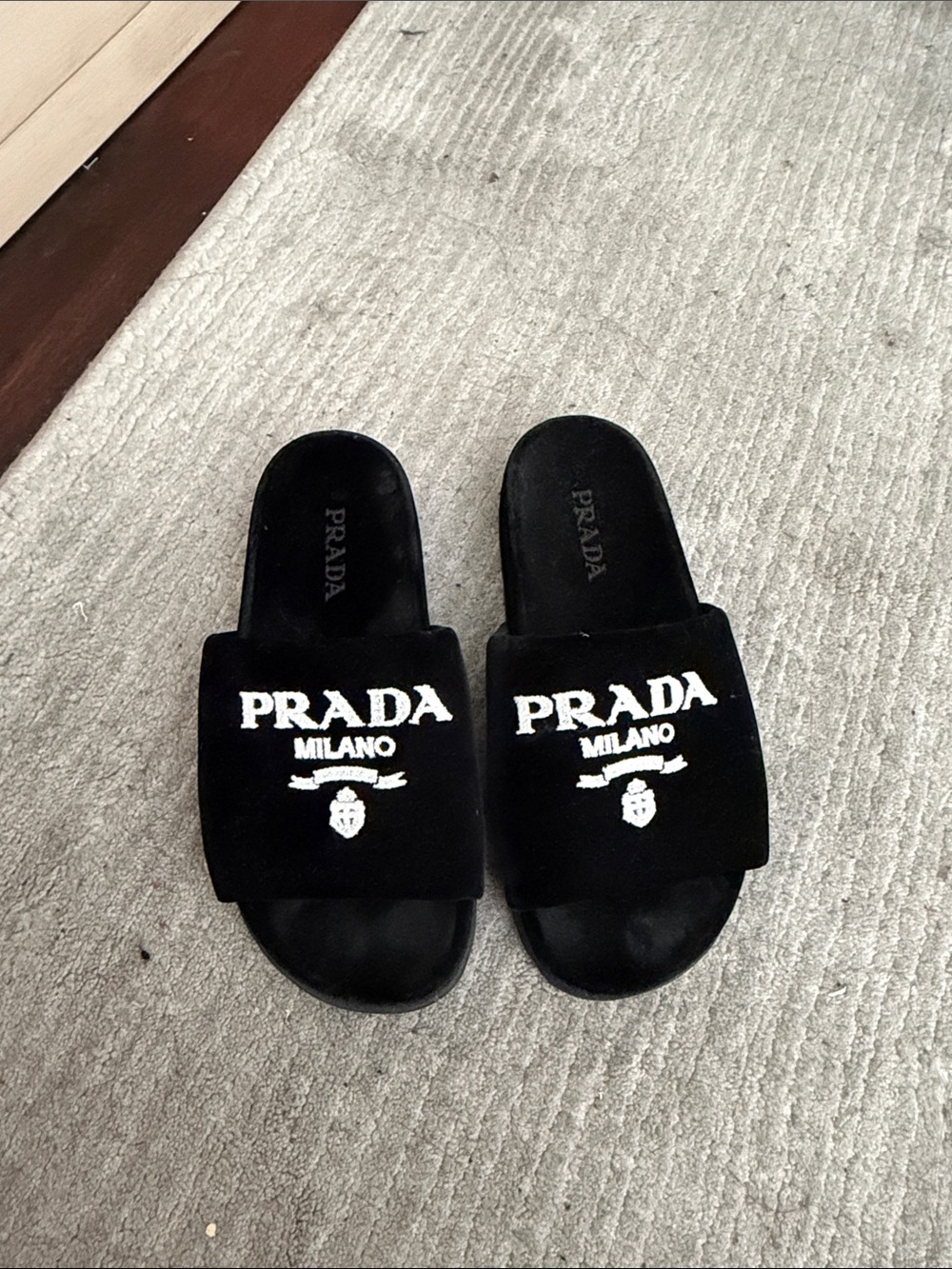 Prada Black Velvet Milano Logo Slides with White Embroidery